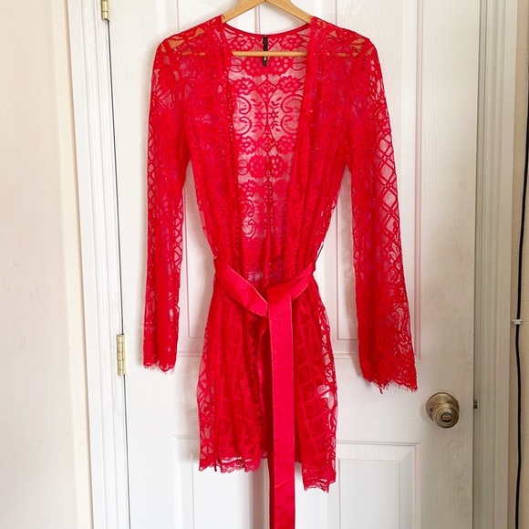 ARIA red sheer lace sexy open front long sleeve wrap robe removable sash tie - Picture 2 of 9